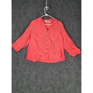 Emily Daniels Womens Coral Pink Linen Blend Button Down Shirt Studded Sz L Work